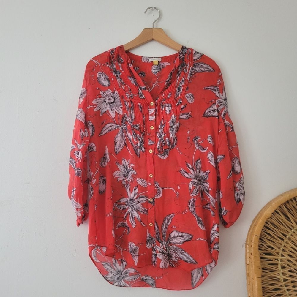 Anthropologie Leifsdottir Floral Button Down Blouse Red 2 Black White